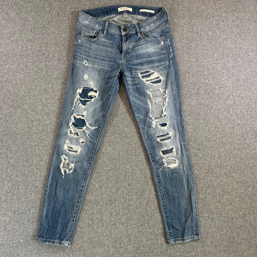 Guess Power Curvy Mid Distressed Skinny Jeans Blue Denim Womens Size 27 30x29